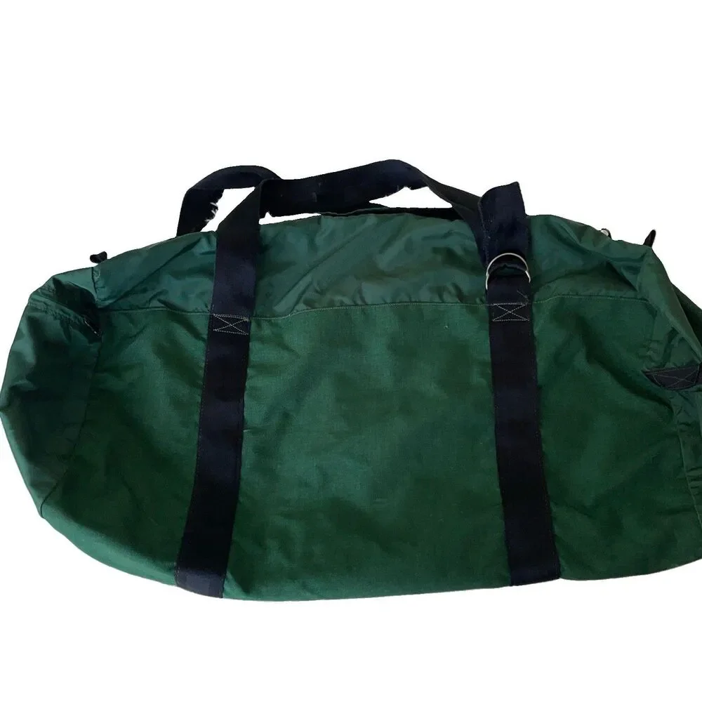 Vintage LL Bean Canvas Duffle Bag Green Black Freeport Maine 30” X 10” X 12”